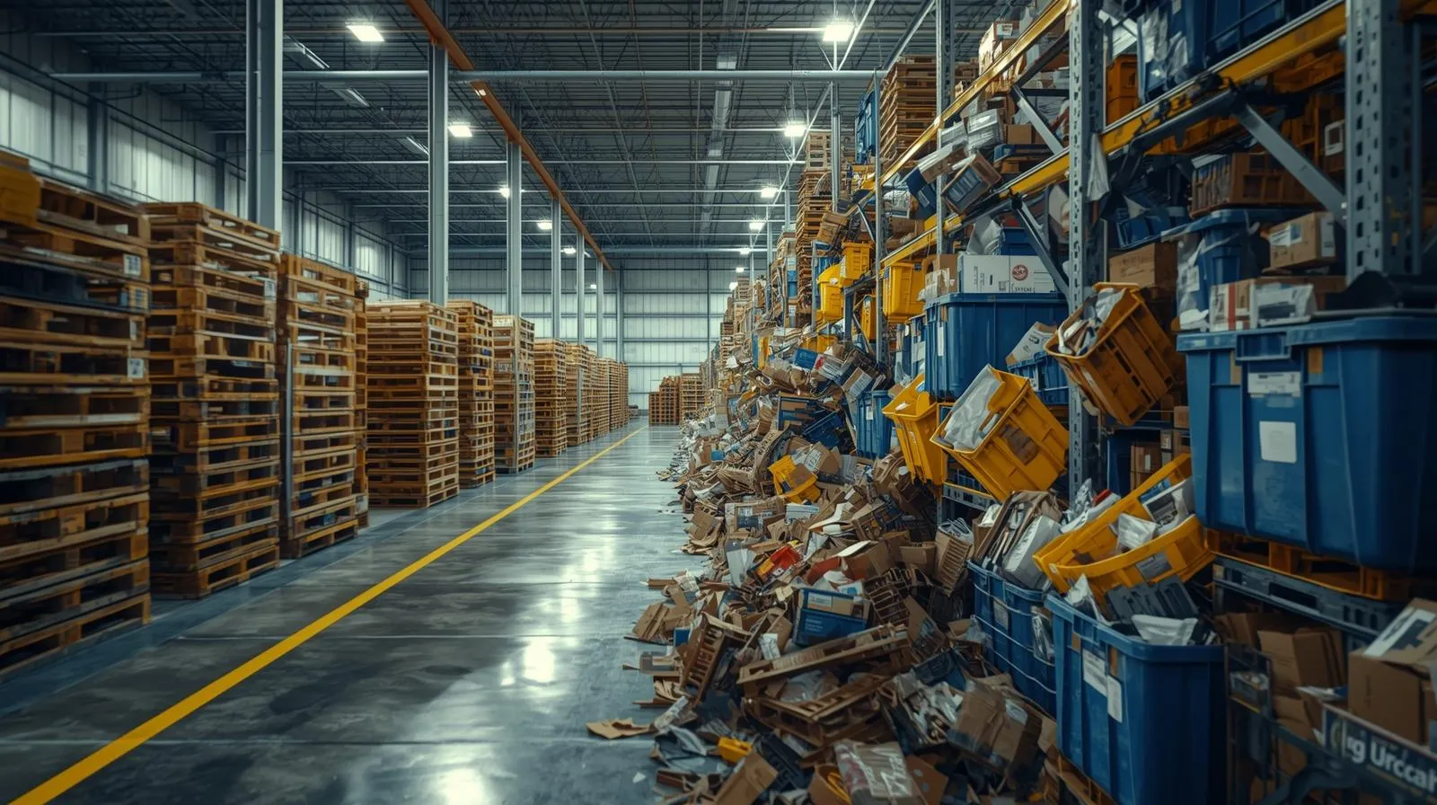 Split view of organized forward logistics and chaotic reverse logistics showing reusable container tracking challenges